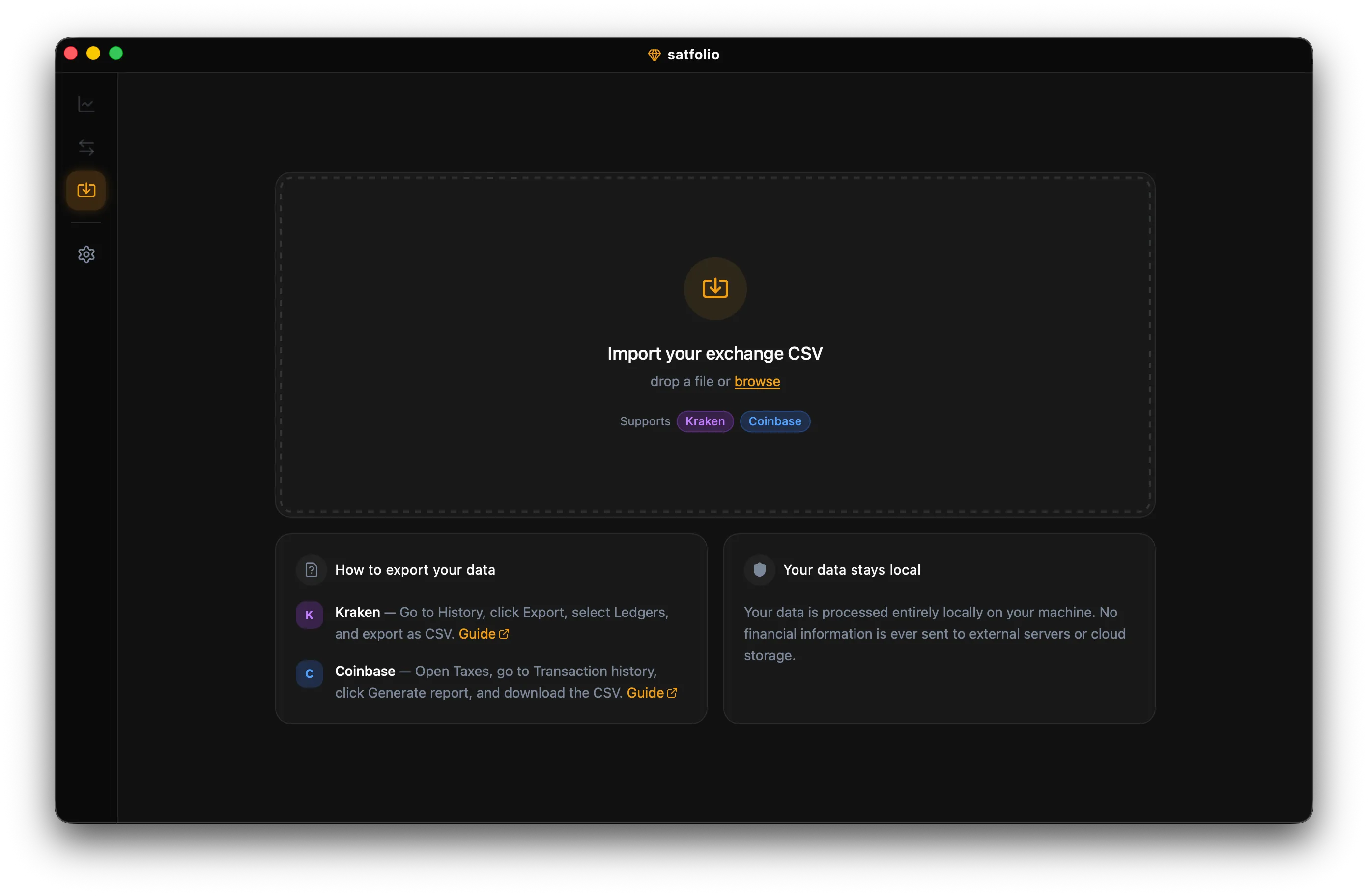 Satfolio CSV import view supporting Kraken and Coinbase