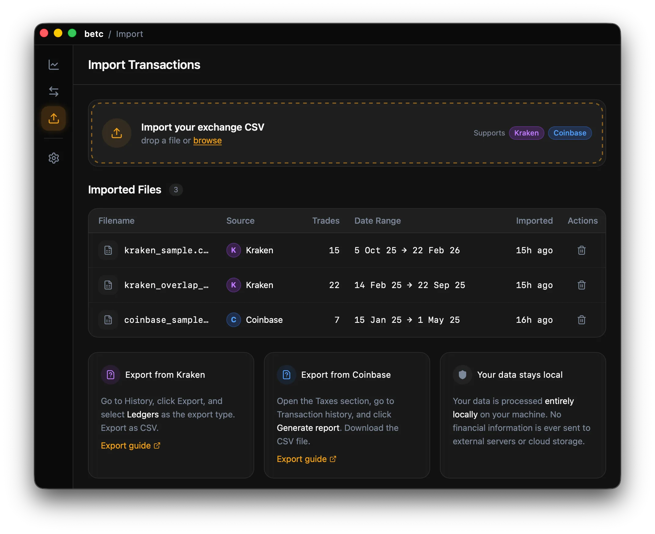 Satfolio import view showing imported files from Kraken and Coinbase